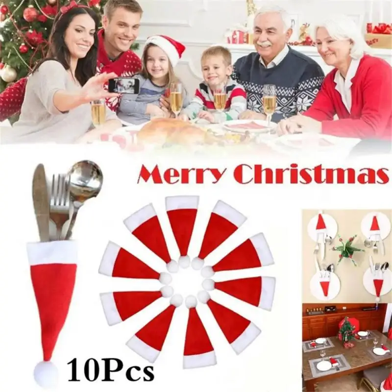 Merry Christmas Decorations 2024 Christmas Tableware Bag Holder Christmas Hat Fork Knife Cutlery Bag Christmas Decor for Home