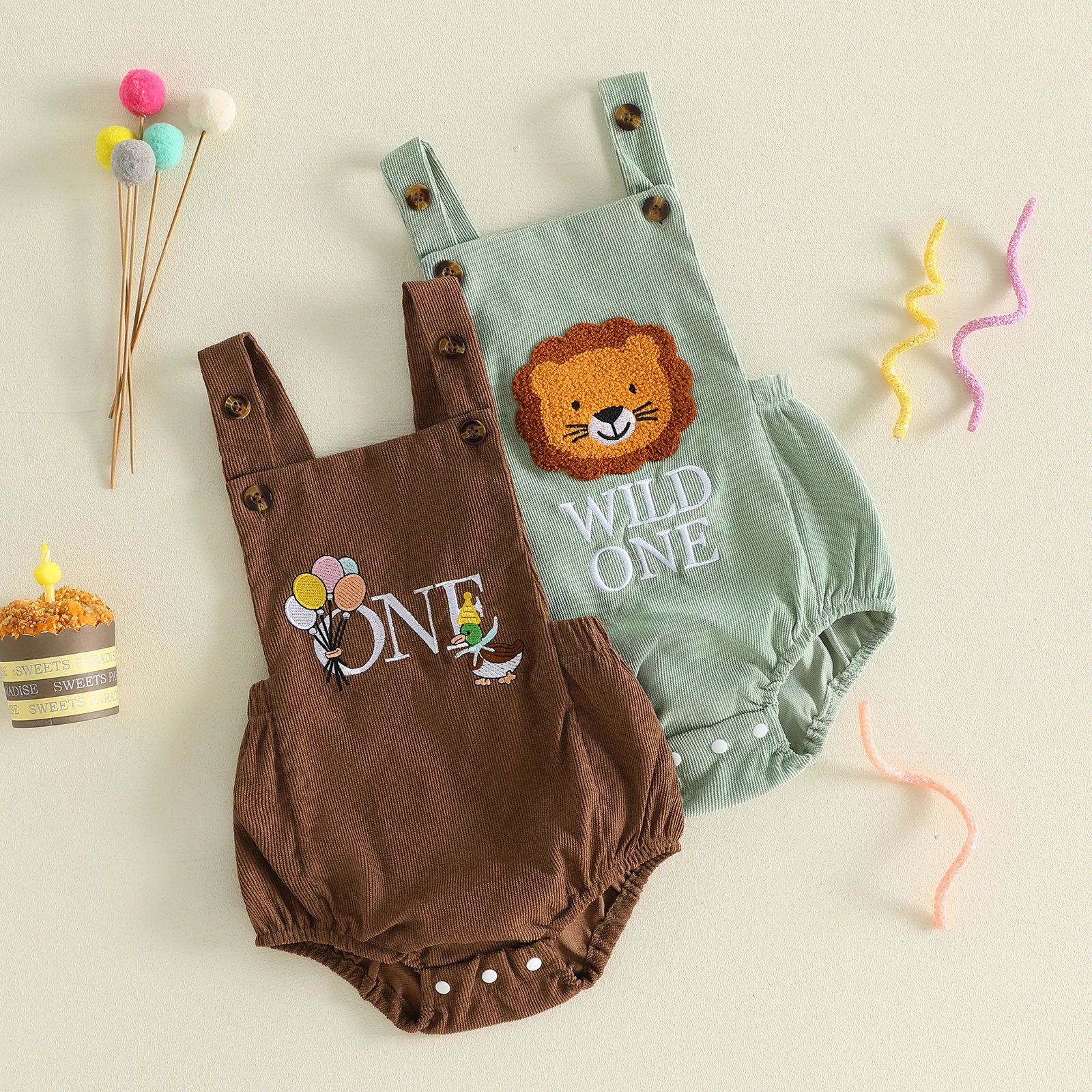 Baby Boy First Birthday Romper Sleeveless Button Closure Embroidery Letters Bodysuit Casual Corduroy Overalls for Girls Boys