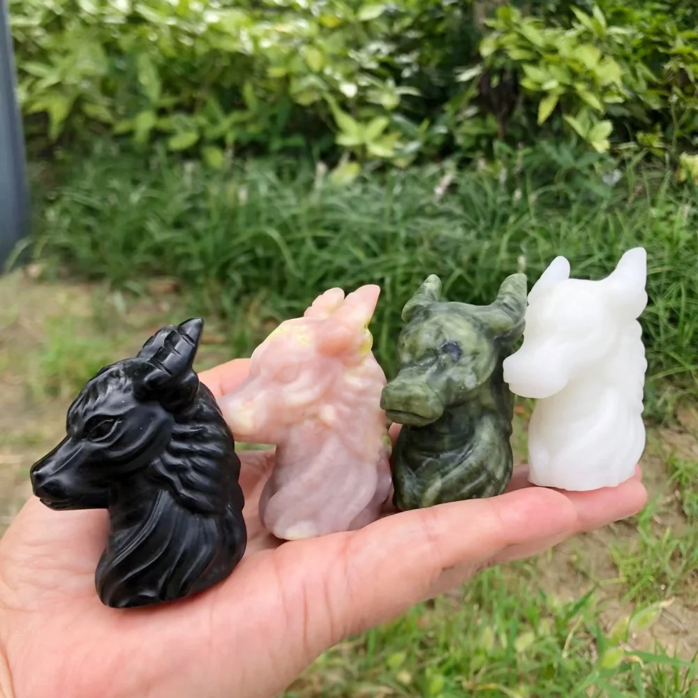 6cm Mixed Quartz Gemstone Bull Dragon Head Statue Natural Crystal Carved Animal Figurine Reiki Healing Home Decoration Craft