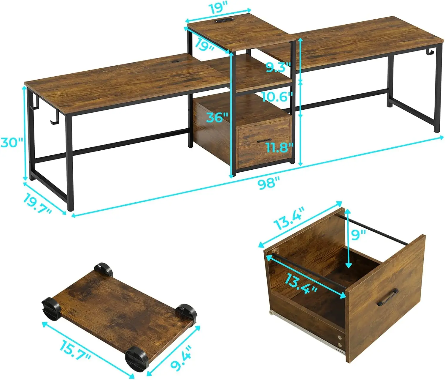 Sedeta 98 "" Home-Office-Schreibtisch, 2-Personen-Computertisch mit Buchstaben-/A4-Aktenschublade und Steckdosen leiste mit USB, langer Schreibtisch mit Stauraum,