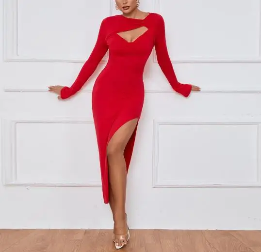

2026 autumn new women's fashionable, sexy, elegant, slim fit, tight fitting, slit long sleeved dress, women's clothing