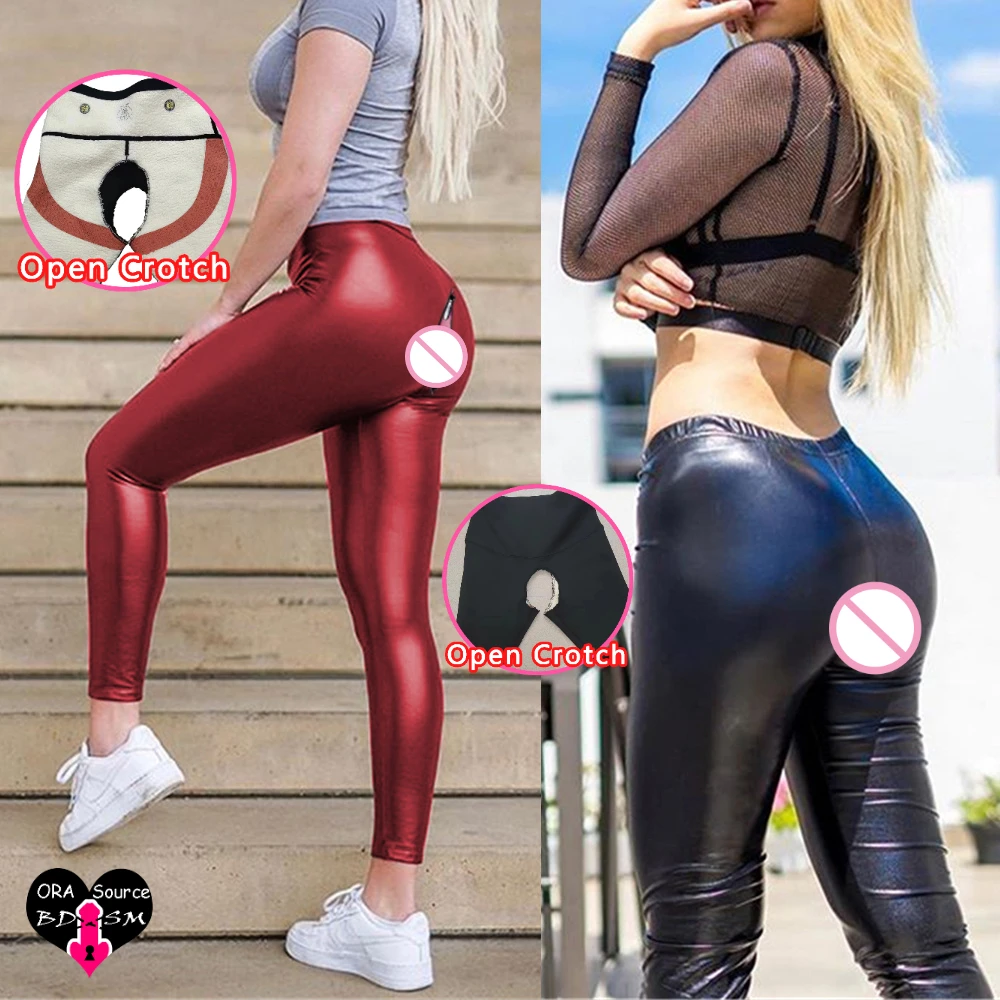 Elastic Woman Sexy Open Crotch Leather Leggings Hidden Zippers Pants PU Girl Outdoor Open Hole Crotchless Panties Erotic Pant