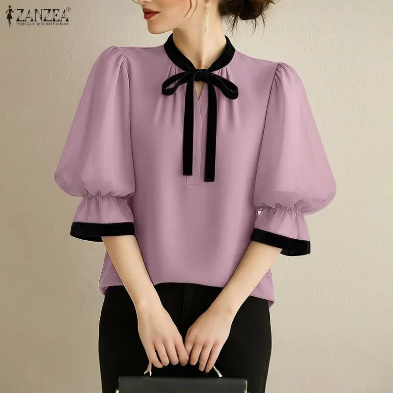 ZANZEA بلوزة نسائية أنيقة للعمل OL قميص مكتب صيفي سترة أنيقة 3/4 كم مكشكش بلوزات مرقعة ملابس علوية غير رسمية برباط #2