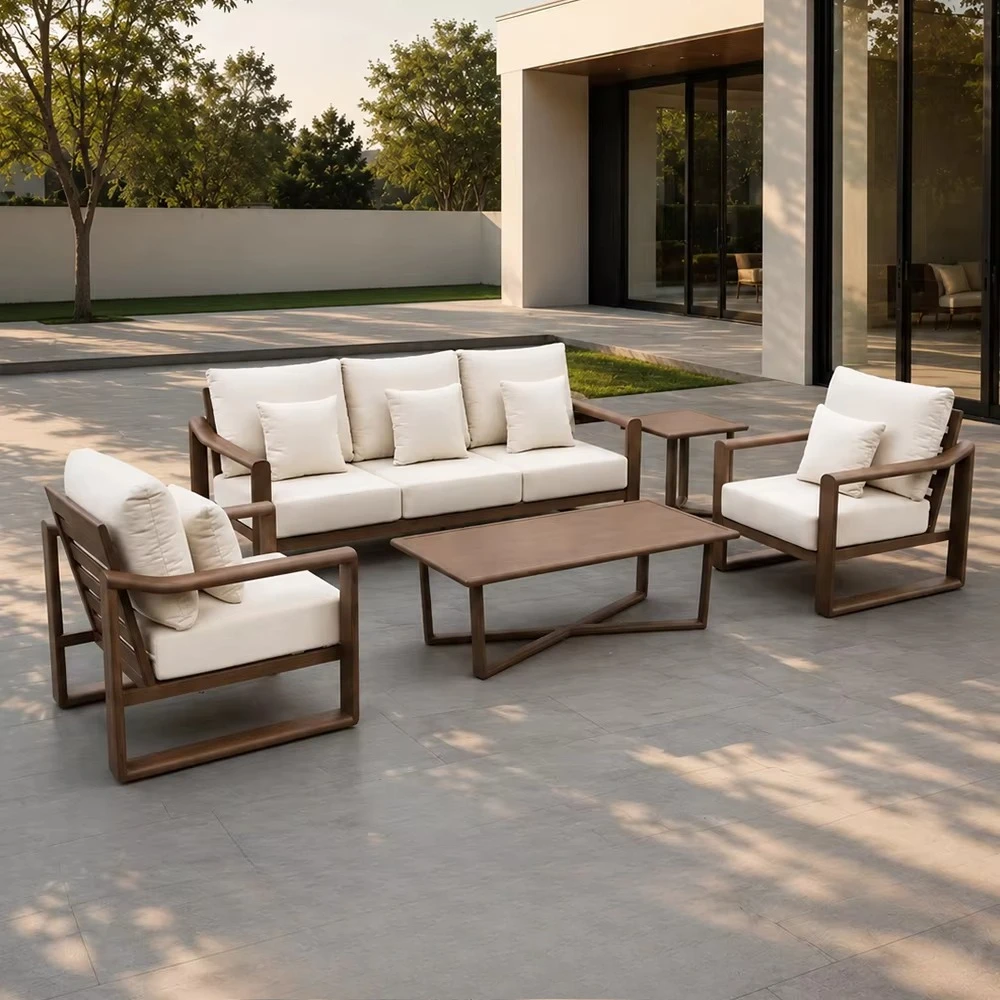 J&M Outdoor Premium Villa Patio Sofa Set Wood Grain Finish Aluminum Eco-Friendly Garden Sofa Luxury Fireproof Backyard Furniture