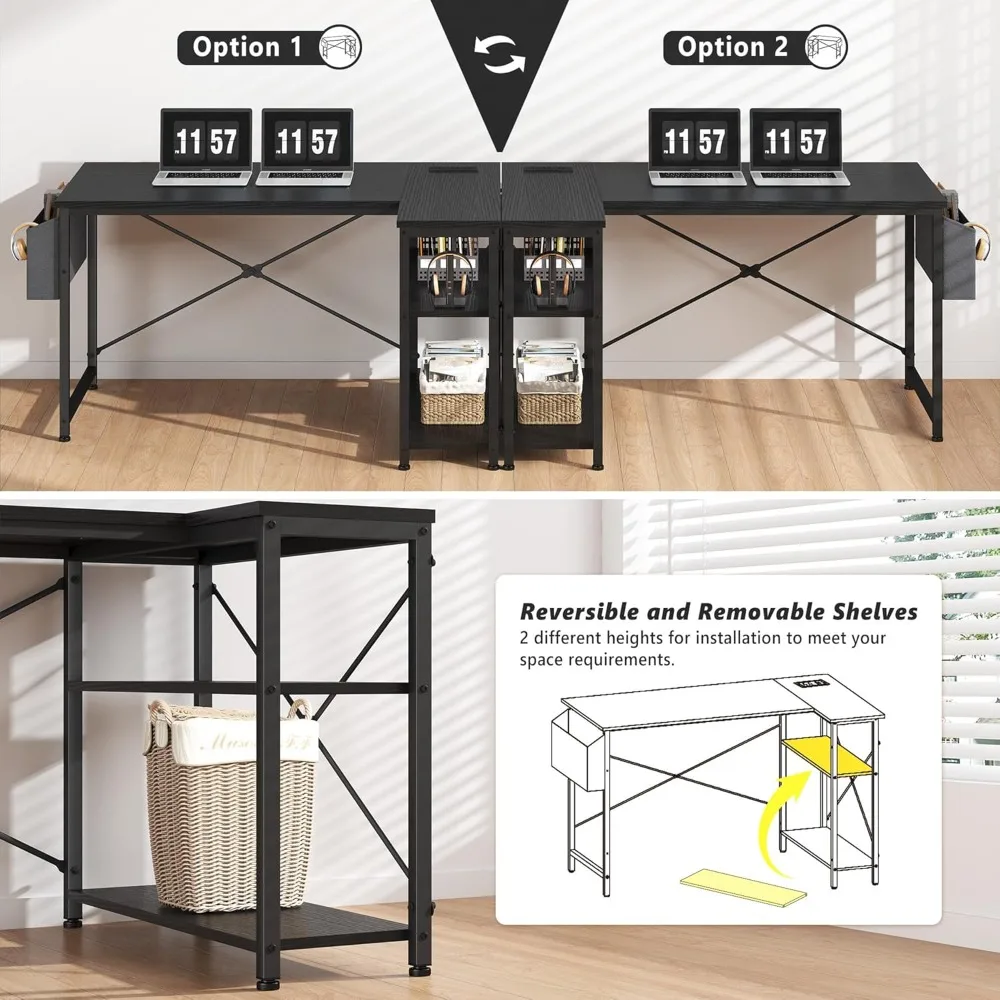 48 Inch L Shaped Desk with Storage Shelves & Side Bag, Computer Desk with Power Outlets, Reversible Corner desks