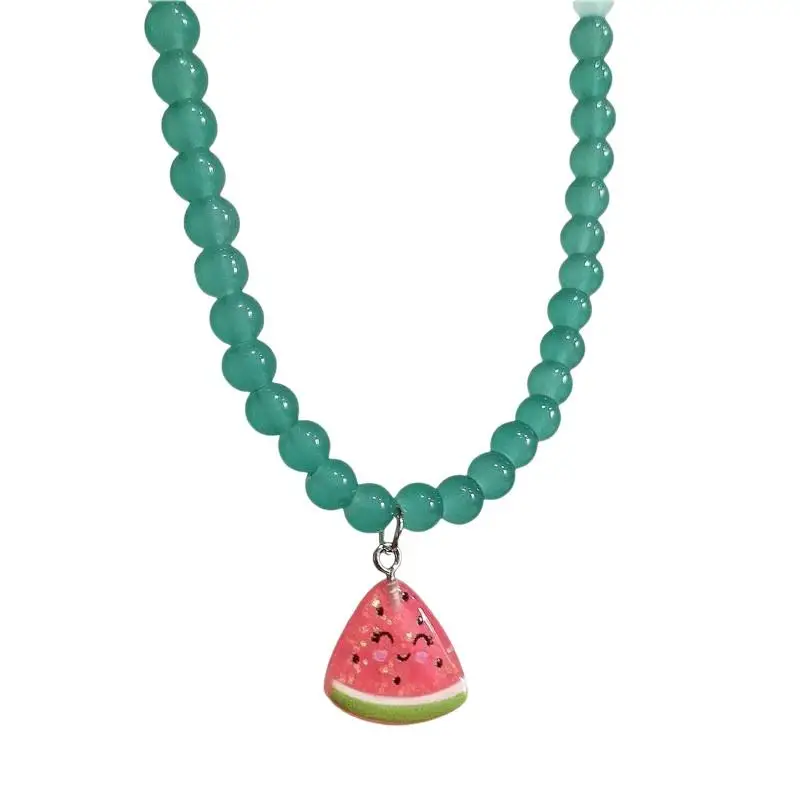 Bonbonfarbener Herzanhänger Blau-Grüne Glasperlen Kontrast-Design Halskette Mädchen Sommer Mode Damenschmuck Accessoires – Detail 1