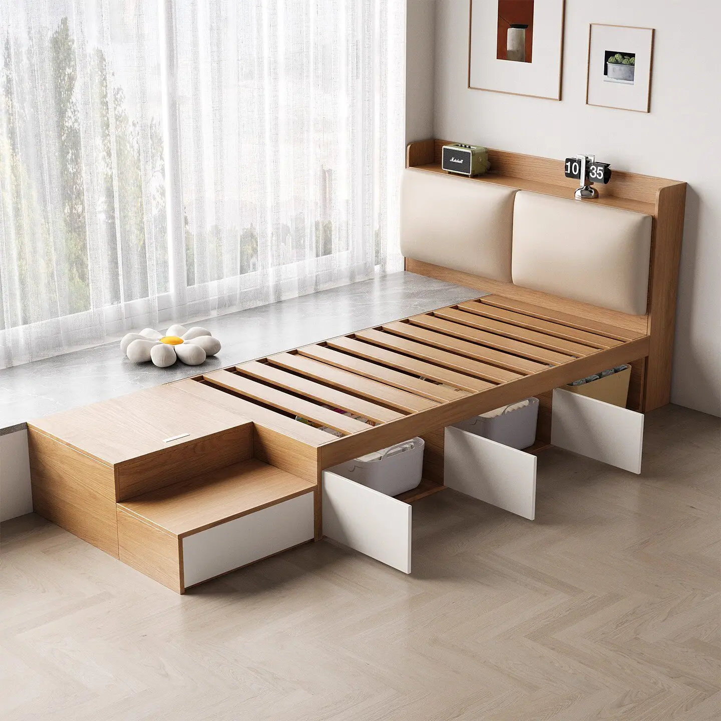 bay window bed solid wood modern simple storage backrest splicing drawer half bay window half bed windowsill customizati