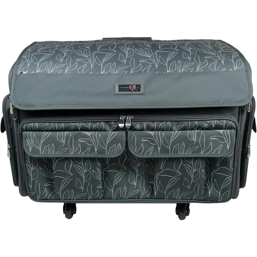 XXL Rolling Sewing Machine Case Grey Floral Craft Bag with 4 Wheels Ideal for Storing and Transporting Embroidery Machines from