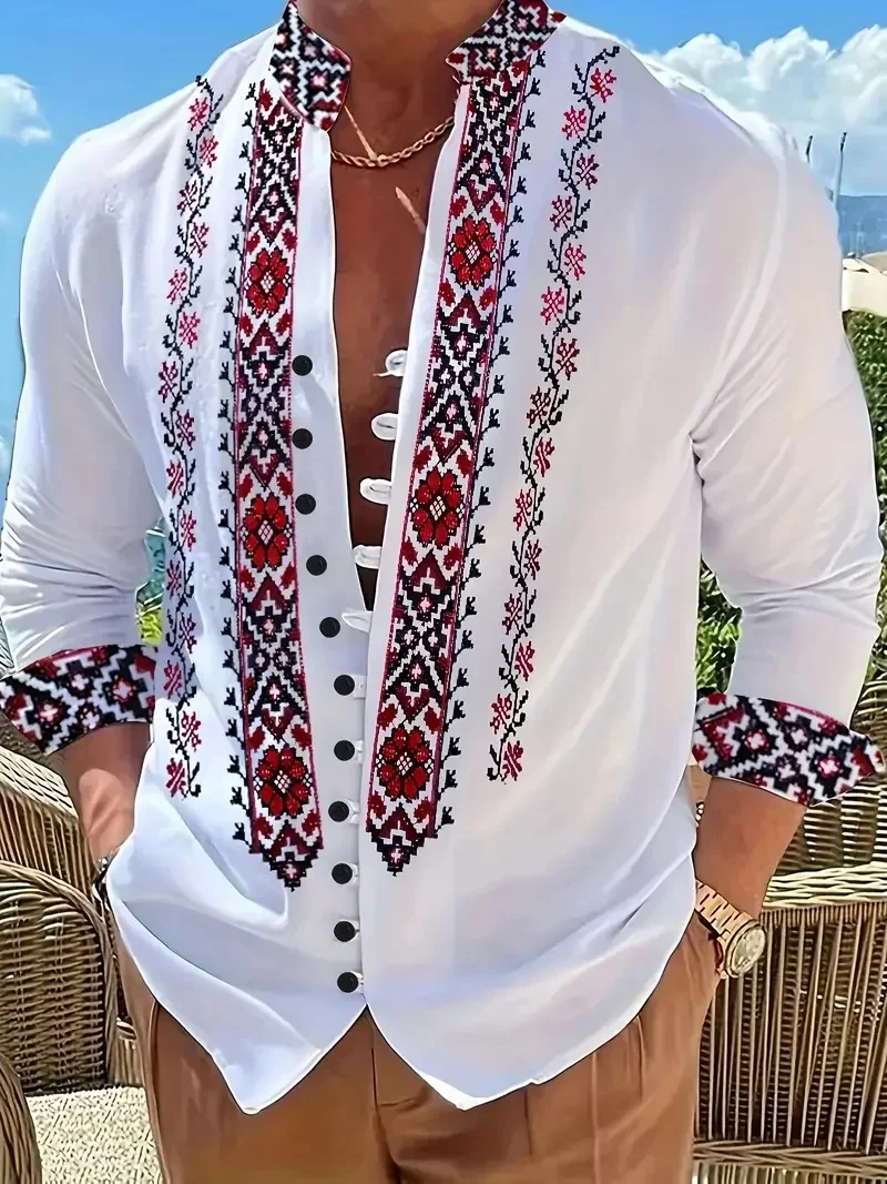 New Men's Ethnic Style Linen Long Sleeve Shirt Men Button Fashion Trendy Boat Anchor Pattern Fit Comfortable Vintage Top