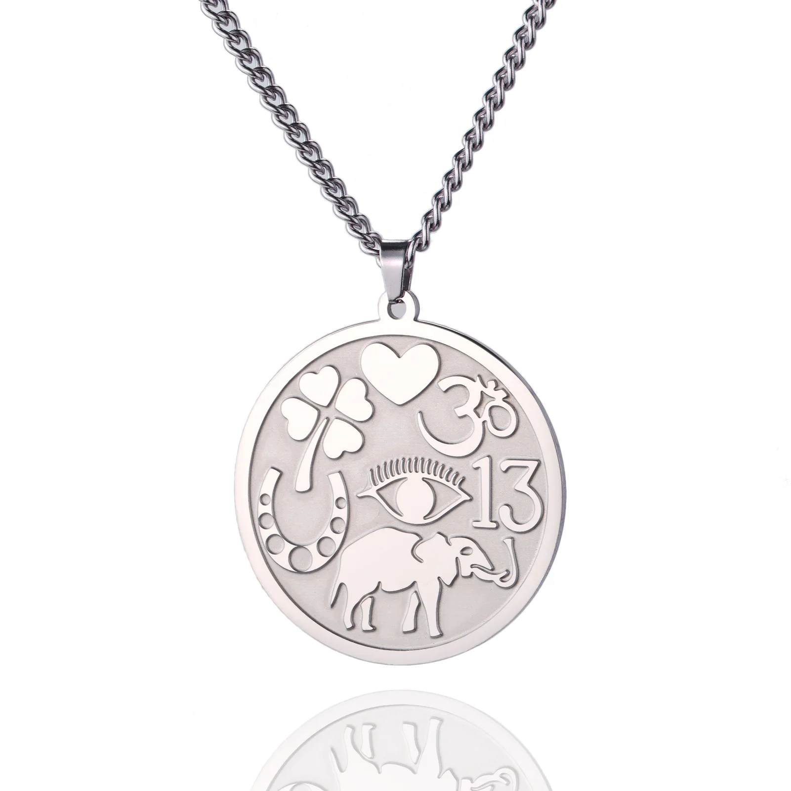 Good Luck Elephant Medallion Necklace Powerful Protection Amulet Ohm Symbol Horseshoe Evil Eye Necklace Stainless Steel