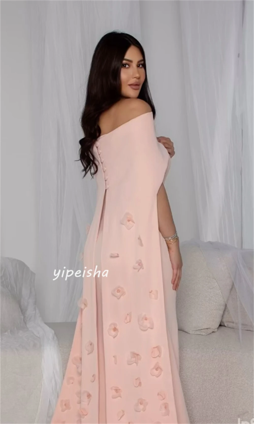 Customized Jersey Flower Ruched Beach A-line Off-the-shoulder Bespoke Occasion Gown Long Dresses