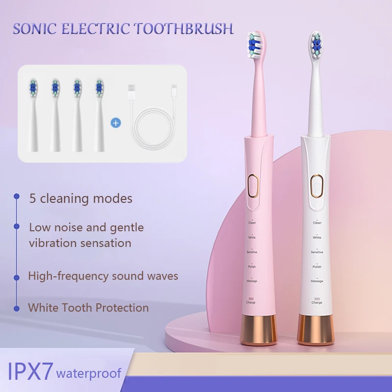 

Electric Sonic Toothbrush Rechargeable Electric Toothbrush for Adults Waterproof Electric Toothbrushes with 4 Soft Brush Heads