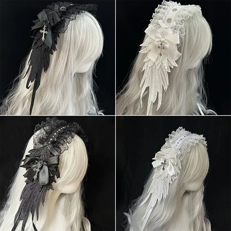 النساء Harajuku Steampunk Y2K الجناح أغطية الرأس القوس عقال لوليتا القوطية الظلام الملاك أغطية الرأس لوليتا تأثيري إكسسوارات الشعر