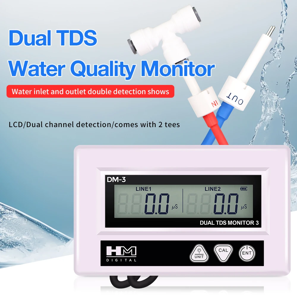 

HM DM3 Digital Water Quality Tester Dual Probe Online TDS EC Meter Input/Output Water Quality Monitor for Tap Water Fish Tank