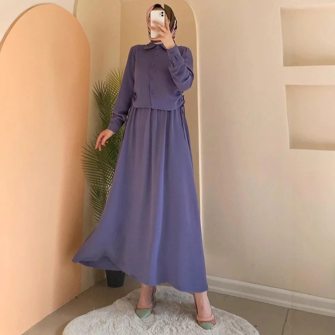Women Skirt Shirt 2 Piece Set Eid Muslim Suit Lace Up Overshirt Top Long Skirts Ensemble Single Breasted Ramadan Dubai Outfits