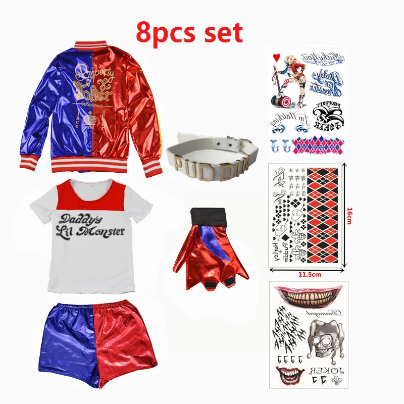 Kostum Cosplay Anak-anak Perempuan Halloween Quinzel Joker Jaket Celana Pendek Monster T-Shirt Set Pakaian Pesta