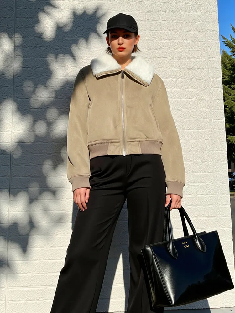 Hh outono inverno feminino grosso casaco quente turn-down colarinho manga longa com zíper jaqueta casual sólido senhora do escritório chique outerwear