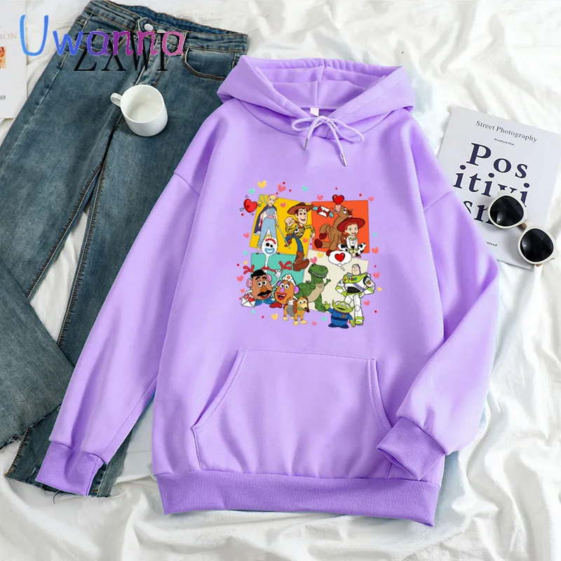 Sweat à capuche Toy Story Cartoon pour femme, sweat-shirt mignon, streetwear des années 90, imprimé coeur d'amour, unisexe, hiver