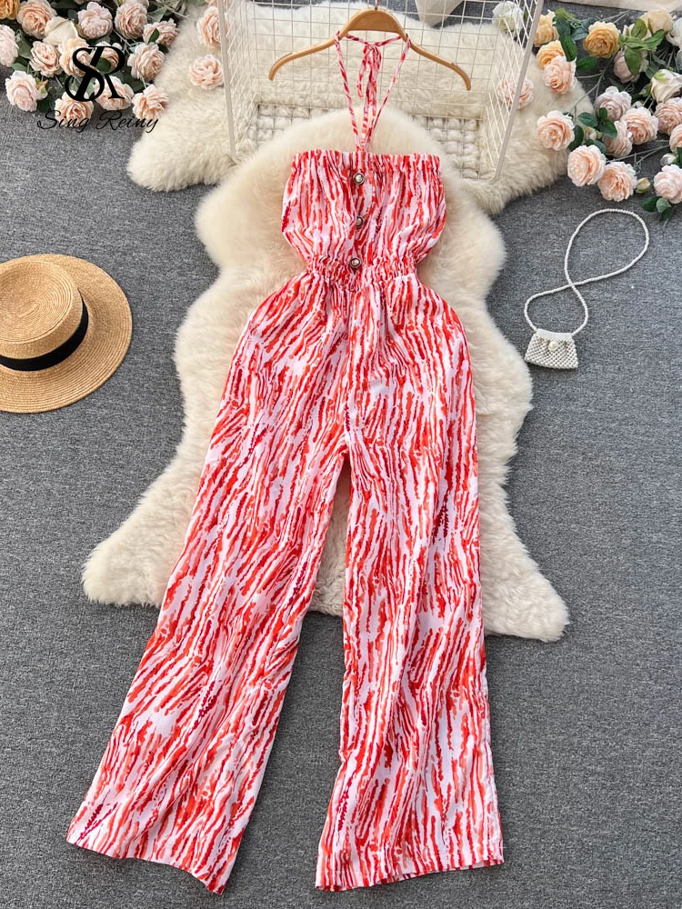 SINGREINY Fashion Streetwear Halter Playsuit Strapless Backless Loose Wide Legs Pants Women Summer Beach Style Striped Jumpsuits