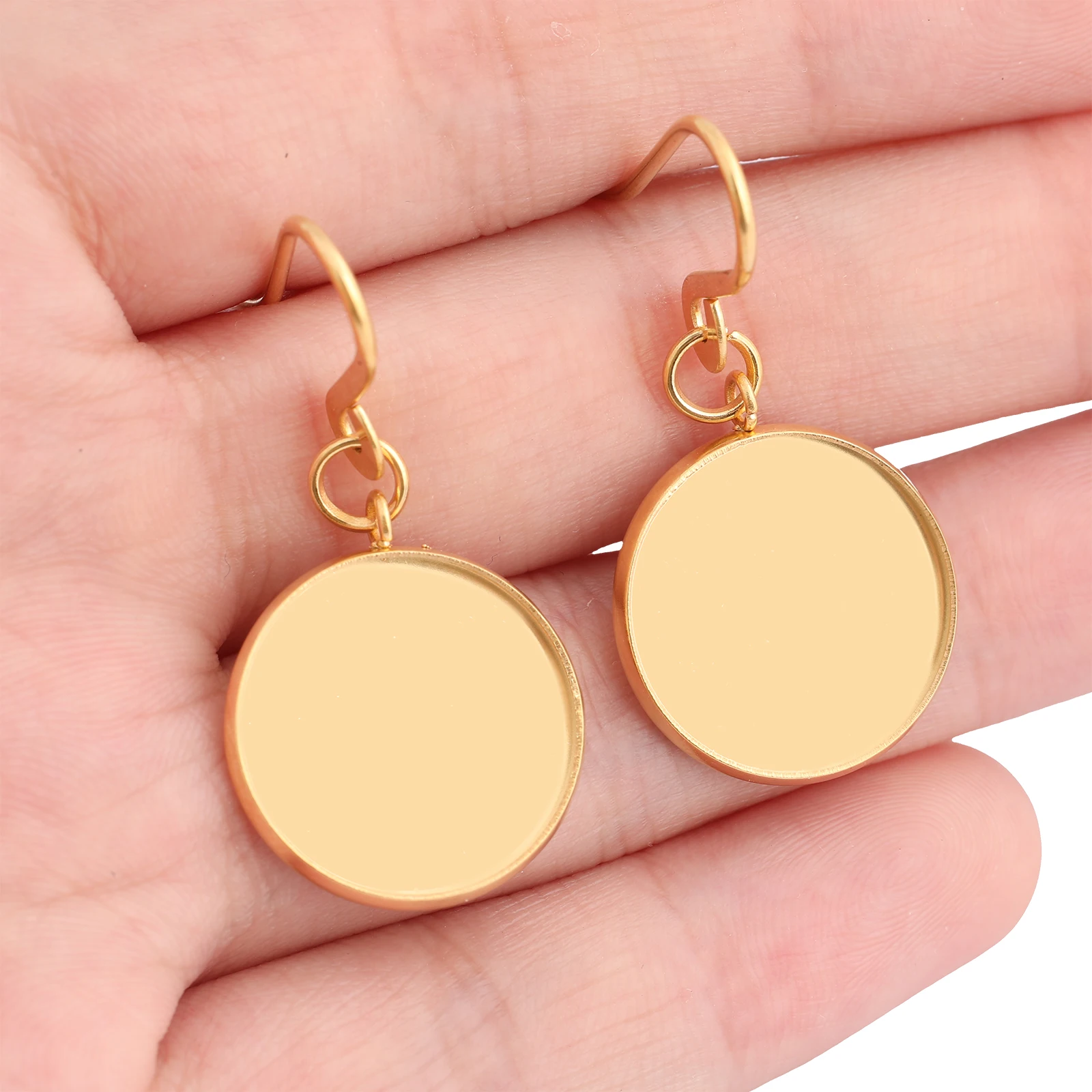 10pcs Stainless Steel Gold Plated Dangle Earring Base Blanks Fit 16mm Cabochon Bezel Setting Trays Diy Hooks Findings