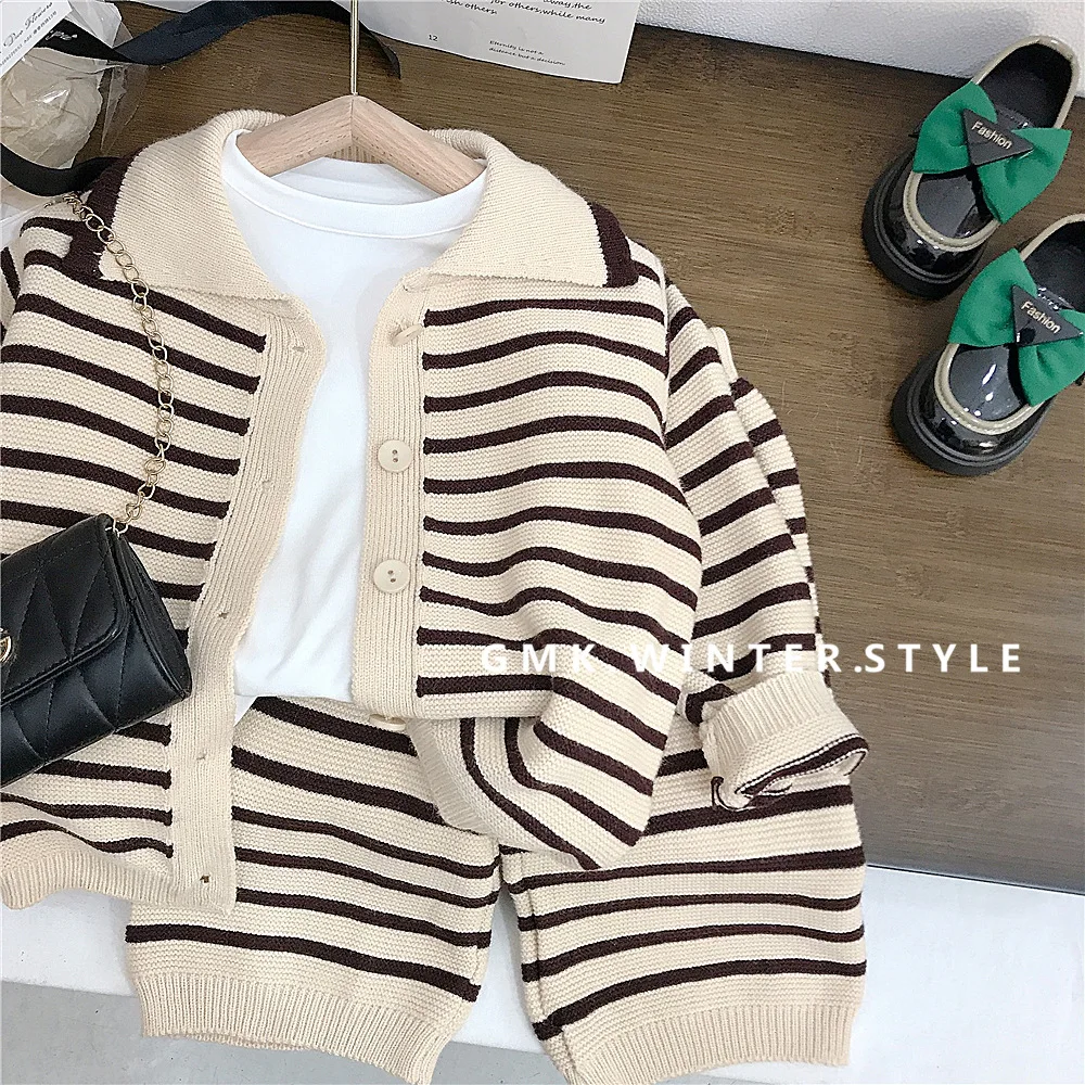 Korean Spring Autumn Toddler Girl 2PCS Clothes Set Striped Knitted Sweater Cardigan Wide Leg Pant Baby Girl Outfit Kid Girl Suit