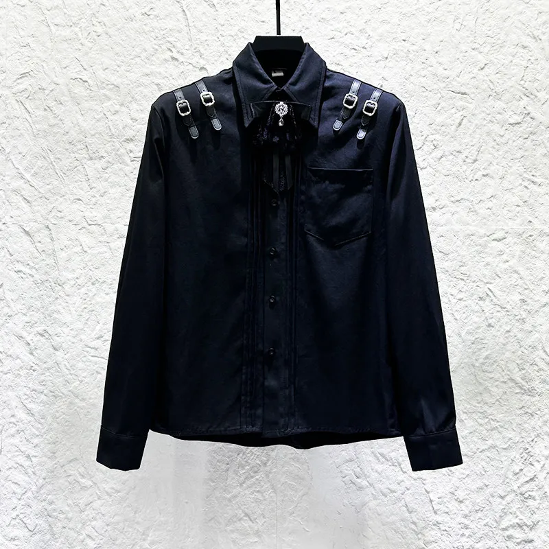 2026 Romantic Lace Bow Collar Shirt Men Heavy-duty Shoulder Strap Long Sleeved Shirts Gothic Social Stage Performance Costumes