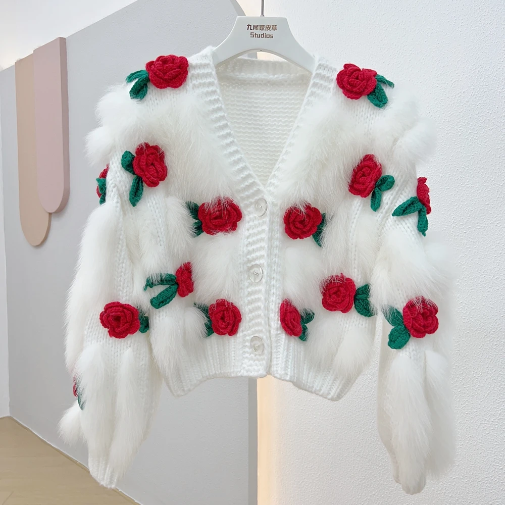 

Hot Sales 2023 Women's Winter Short Flower Knitted Sweater Elegant Fashion Wear Knitted Cardigan New Fox Fur Woven Fur Coat