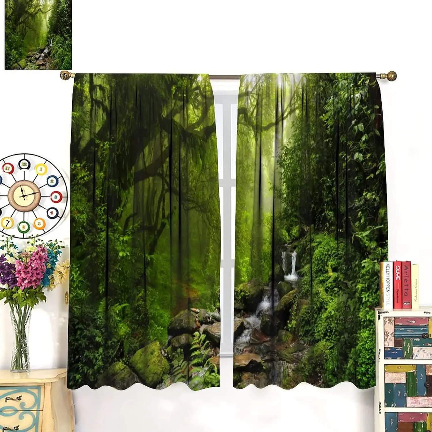 Natural Scenery Curtains - Forest Idyllic Greenery Dream Mystery Fresh Tropical Scenery Theme, Living Room Bedroom Blackout