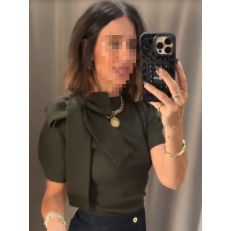 

Модный новый высококачественный вязаный женский топ с бантом