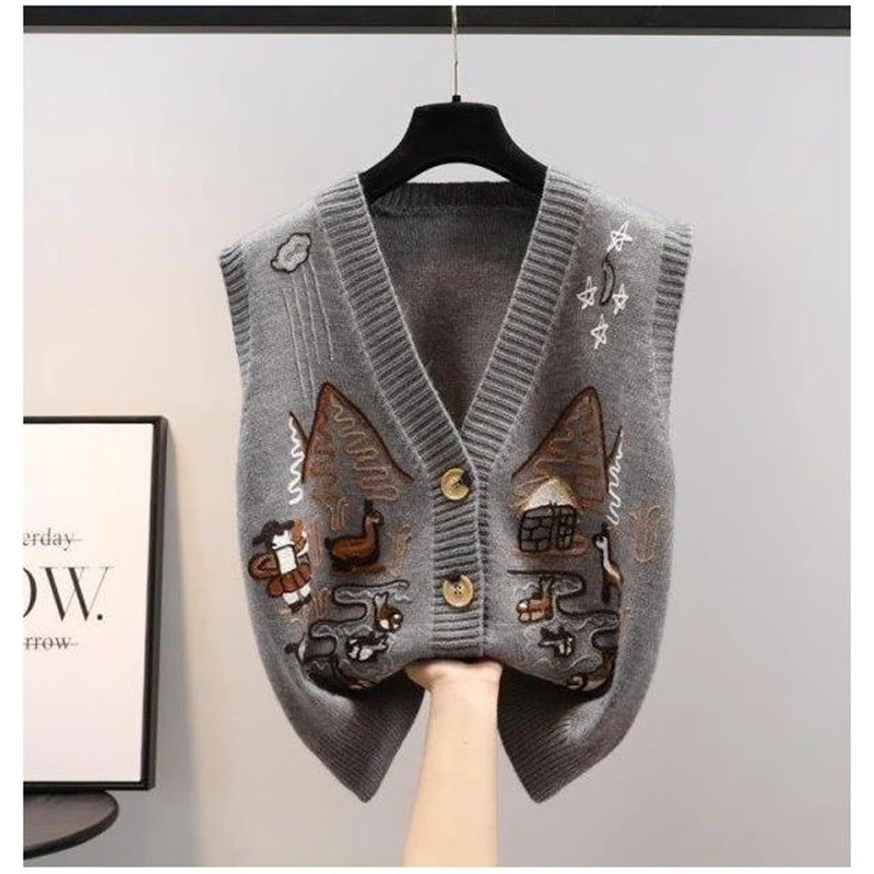 New Women Vintage Embroidery Outewear Button Cardigan Harajuku Y2K Knitted Sweater Vest Trendy V Neck Sleeveless Loose Waistcoat