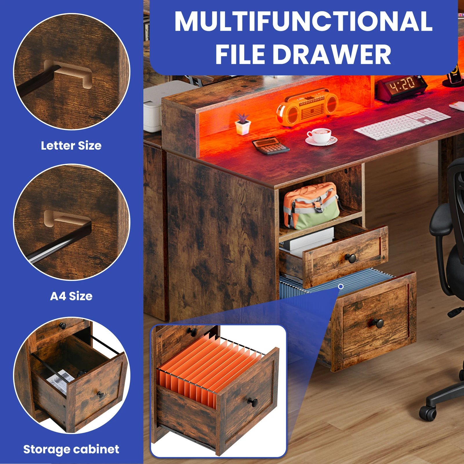 

59" L-Shaped Office Computer Desk Lift File Drawers Shelves Power USB Outlet LED