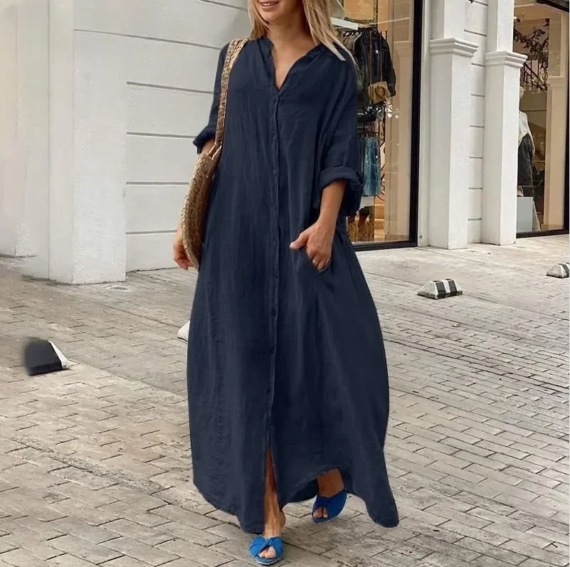 2024 Spring Cotton Linen Oversize Women Dress Long White Button Loose Dresses Female New Casual Trendy Elegant Ladies Clothes