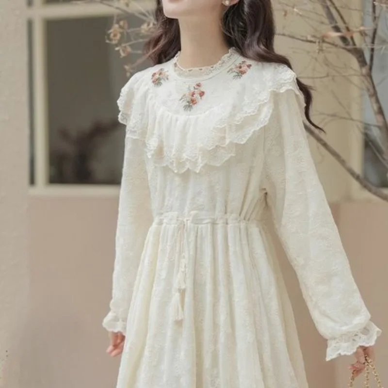 

Vintage Elegant Lace Embroidery Ruffle Dresses for Women Autumn Winter High Waist A Line Mori Girl Aesthetics Apricot Long Dress