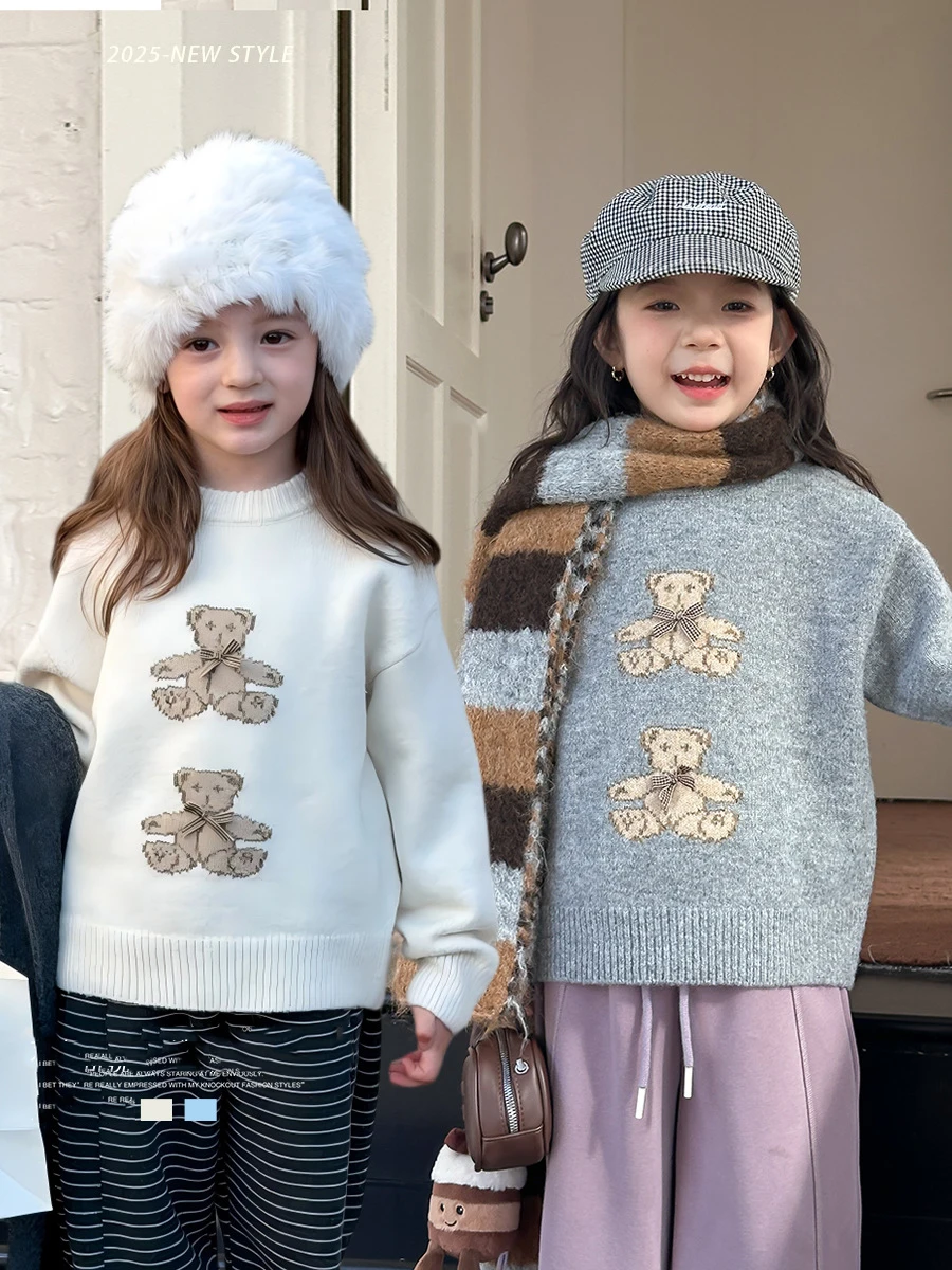 

Шерстяной свитер для маленьких девочек, жаккардовый утепленный теплый трикотаж с медведем для маленьких девочек, новые зимние детские пуловеры с 3D бантом для девочек