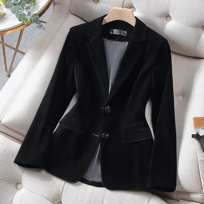 New Spring Fashion Women Midnight Navy Slim Velvet Blazer Office Lady Double Button Suit Jacket Coat Female Party Clothes Gift