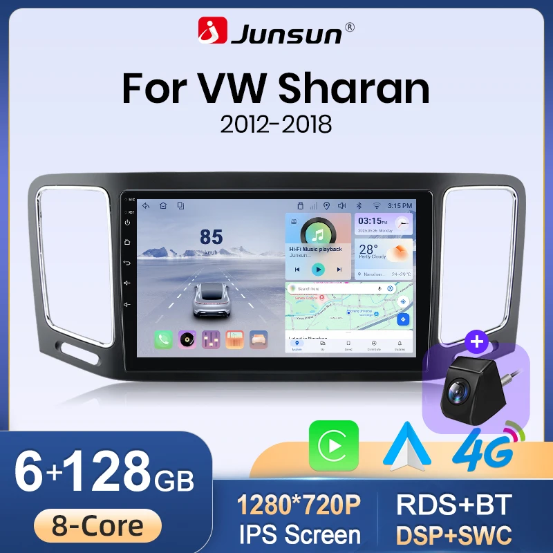 Autoradio Junsun Wireless CarPlay Android 15 per VW Volkswagen Sharan Seat Alhambra 7N 2012-2018, Navigatore GPS, Lettore Multimediale, WiFi 4G, DSP, RDS, Bluetooth, FM, AM, Schermo Touch IPS, Stereo