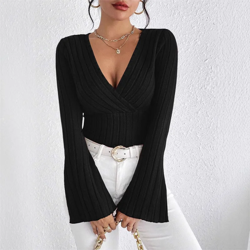 Autumn Deep V Ribbed Knit Top For Women, Slim Flare Sleeve Solid Waist Cinched Slimming T-shirt Blouse view 3