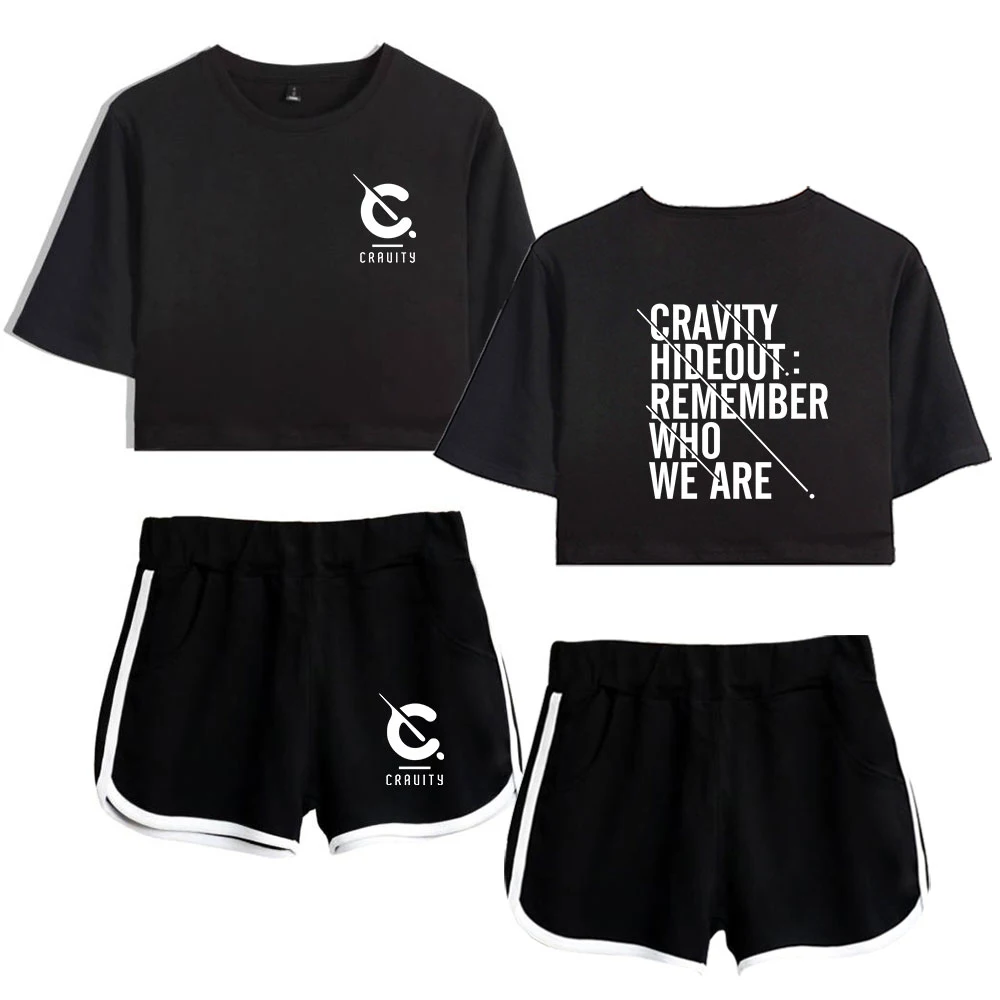 Fashion Novelty Creative Cravity Print Two Piece Set Women Sexy Shorts+lovely T-shirt Cute Classic Dew navel Sport Girl suits - Image 2
