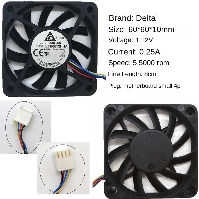 EFB0612HHA Cooling Fan 60x60x10mm 6010 12V 5000RPM PWM 4-Pin for DELTA
