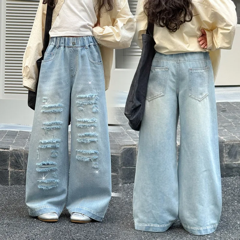 Kids Street Washed Baggy Ripped Jeans with Rhinestone For Tween Girl Light Blue Casual Broken Hole Denim Pants Child Trousers