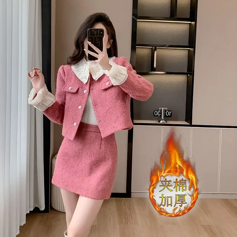 

Lnsozkdg Trendy Chic Skirt Suits Autumn Winter Long Sleeves Lace Trim Short Jacket + High-Waisted Skirt Women’s Two-Piece Sets