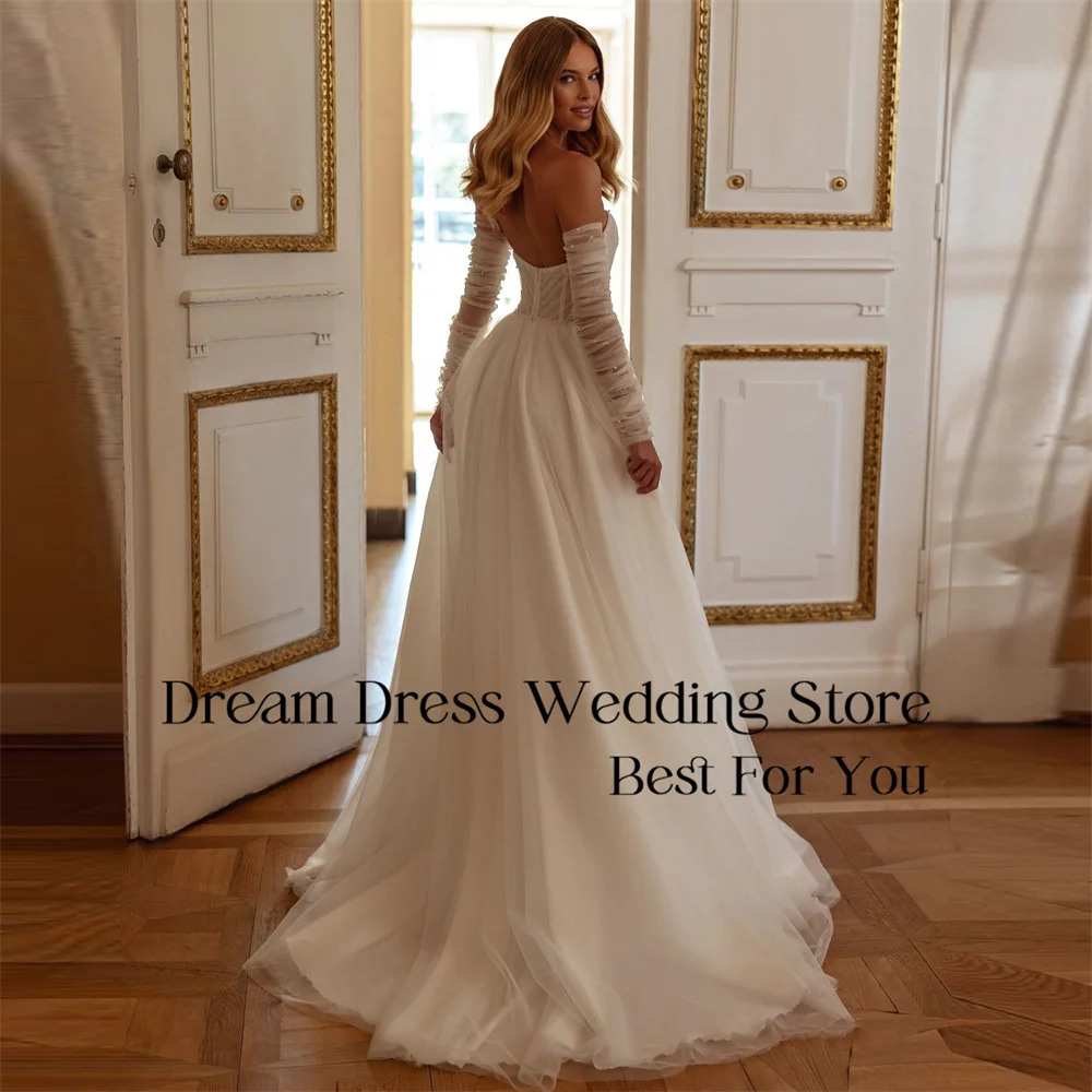 DREAM Sweetheart Beading A-Line Pleat Wedding Dresses Women Long Sleeve Open Back Tulle Bridal Gown Vestido De Novia Customized