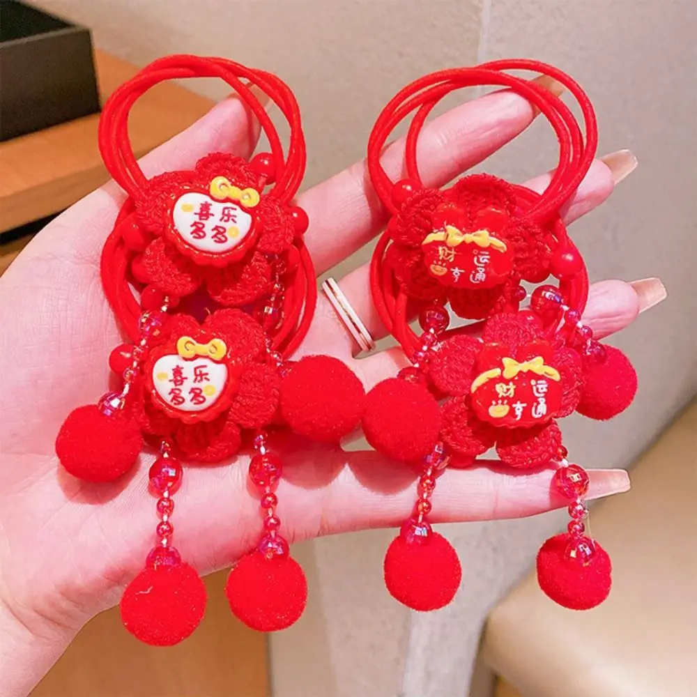 Copricapo di Capodanno per bambini in stile cinese Tang Suit Carino Capodanno Corda per capelli Hanfu Copricapo Nappa Fiocco rosso Anello per capelli Ragazze