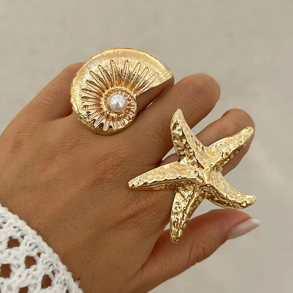 PuRui Trend Exaggerated Gold Color Big Starfish Conch Rings for Women Creative Punk Finger Ring Statement Party Banquet Jewelry