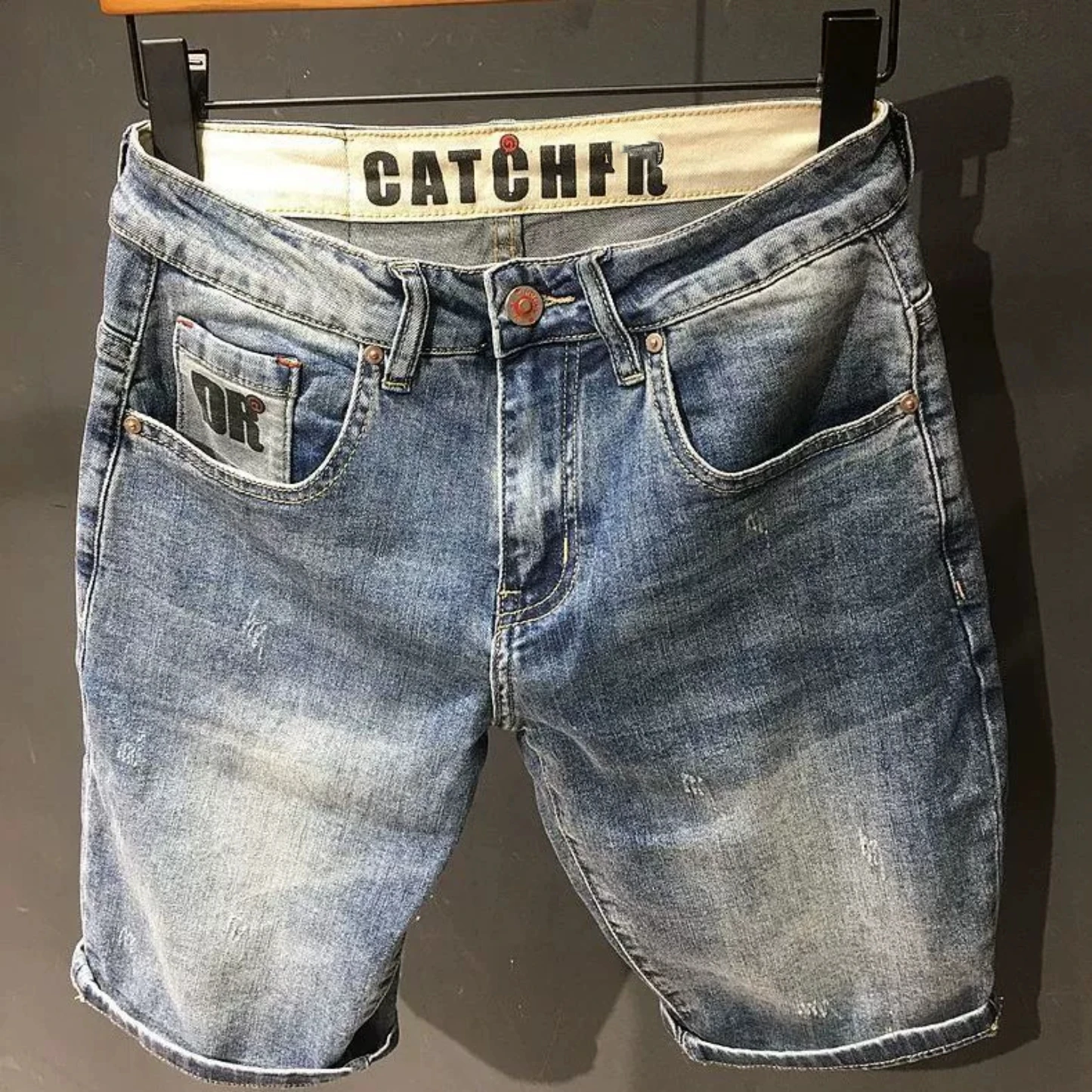 Slim Fit Blue Jeans Shorts Men's mid Waist Straight Leg Five Pocket Lightweight Summer Fashionable Cotton Polyester Blend