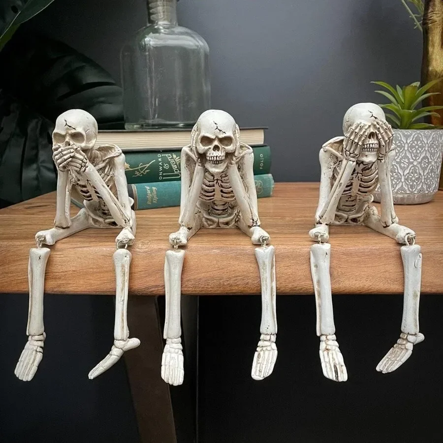 

Skull Statues Set Resin Skeleton Shelf Sitters Sitting Figurines for Home Bookshelf Table Ledge Edge Decorative Crafts Ornament