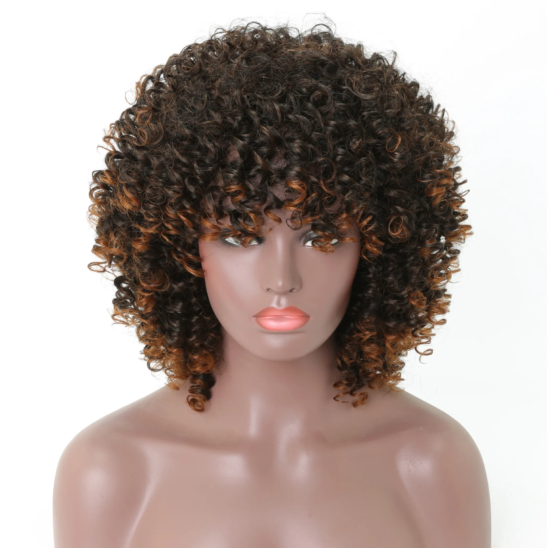 小さなロールtカラーのブラウン高温シルク化学繊維ロングカーリーヘア交換用前髪ショートヘアショートカーリーヘア
