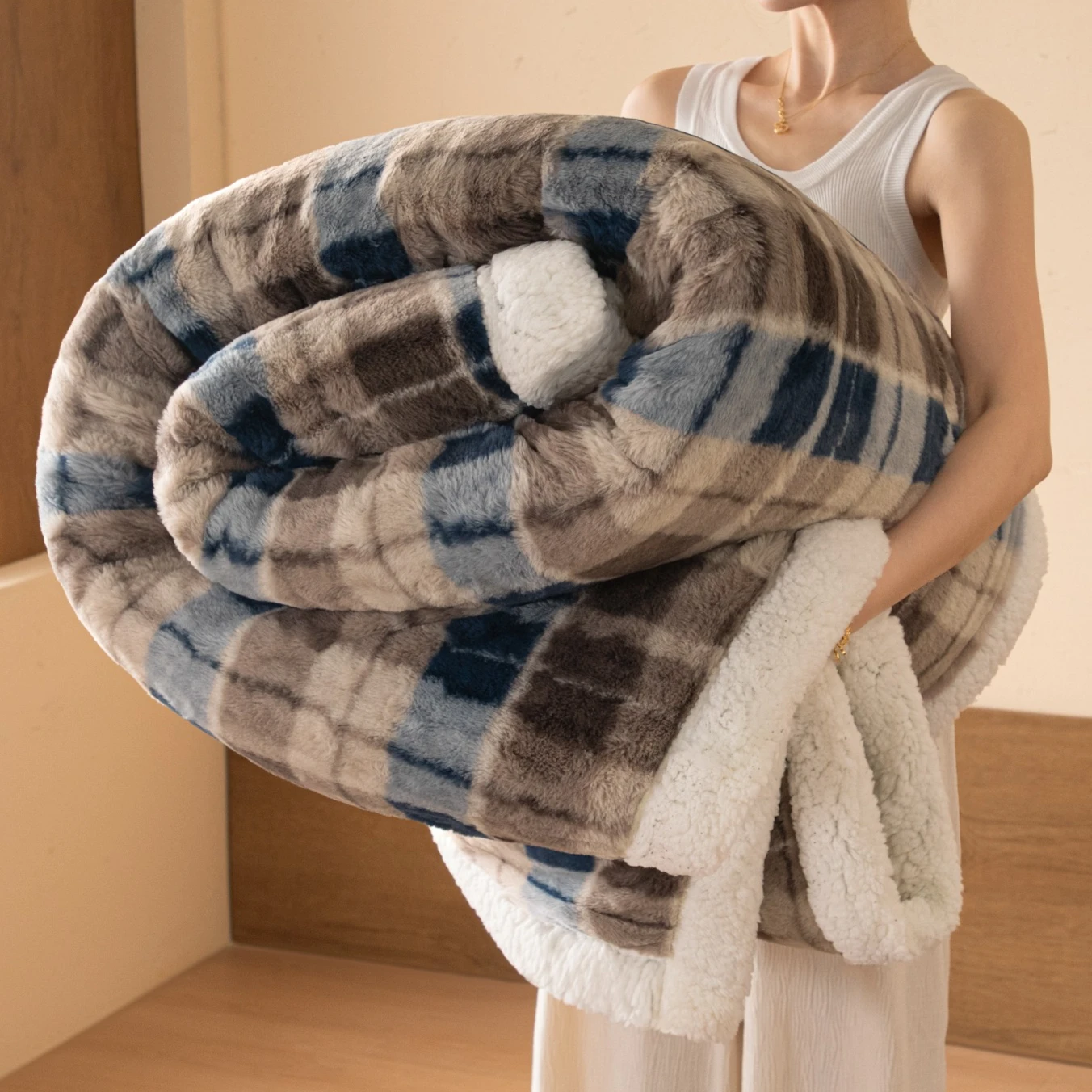 Thickened Double Layer Plaid Plush Blanket Faux Cashmere Autumn Winter Warm Bed Blanket Soft Cozy Sherpa Fleece Throw for Sofa