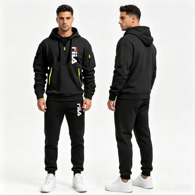 

Men Autumn Winter 2 Piece Tracksuit Half Zip Hoodie Multi Zipper Pocket Sweatshirt Jogger Pants Casual Outdoor Sports Outfit
