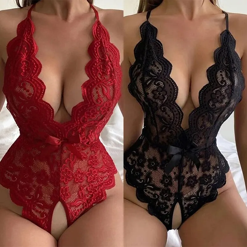 Sexy Lingerie Women Sleepwear Open Croth Bodysuit Teddy Transparent Lace Lingerie Deep V Open Bra Lenceria Porno Underwear Set